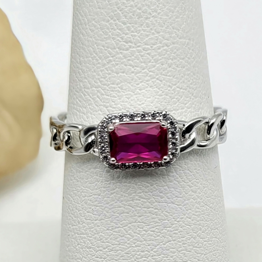 Baguette Halo Chain Link Sterling silver Ruby Stimulate Gemstone Ring